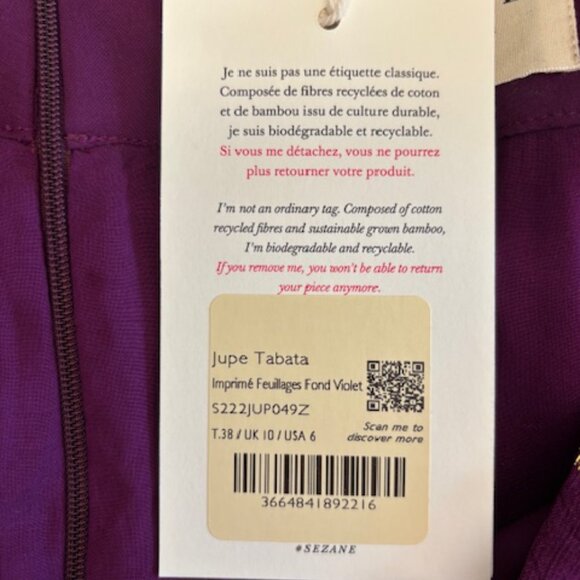 NWT Sezane Tabata Skirt Imprimé Feuillages Violet - Size 38/US 6 - Picture 4 of 6